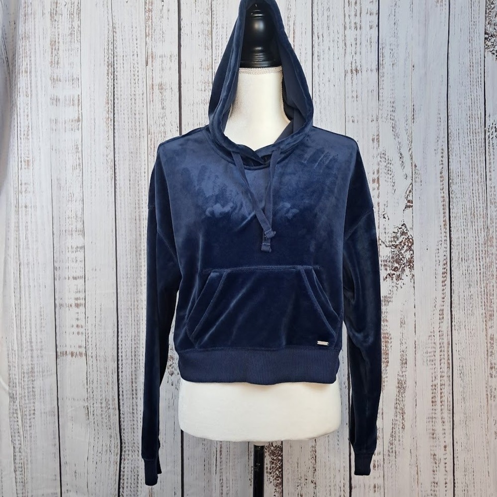 HOLLISTER XS Velvet Velour Belly Cropped Hoodie Pullover Sweatshirt Royal Blue